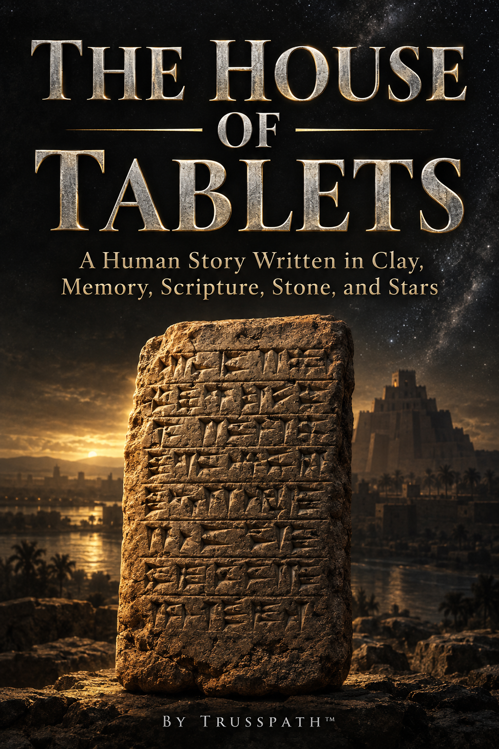 The House of Tablets book cover, with a cuneiform tablet beneath metallic lettering
