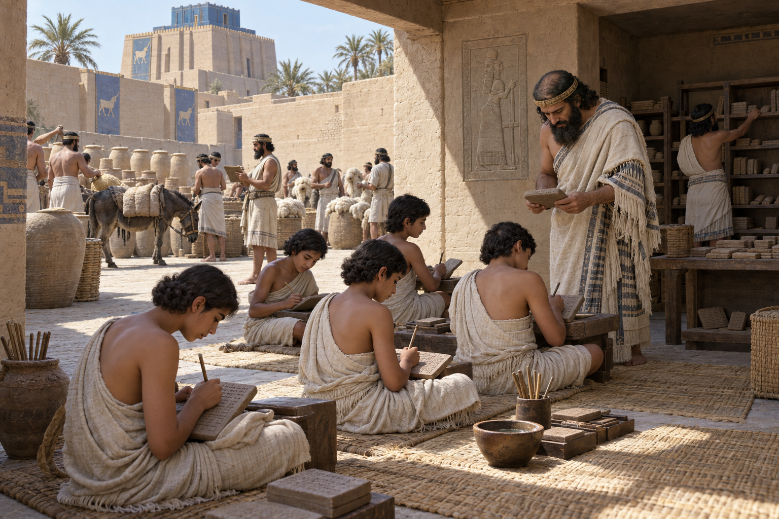 Illustrated reconstruction of Old Babylonian students writing on clay tablets with reed styli in a courtyard